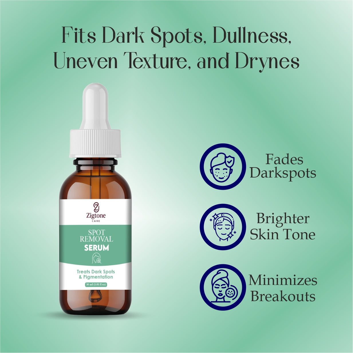 Zigtone Care Spot Removal Serum, Dark Spots and Pigmentation Treatment, 30ml, Amber Glass Dropper Bottle
