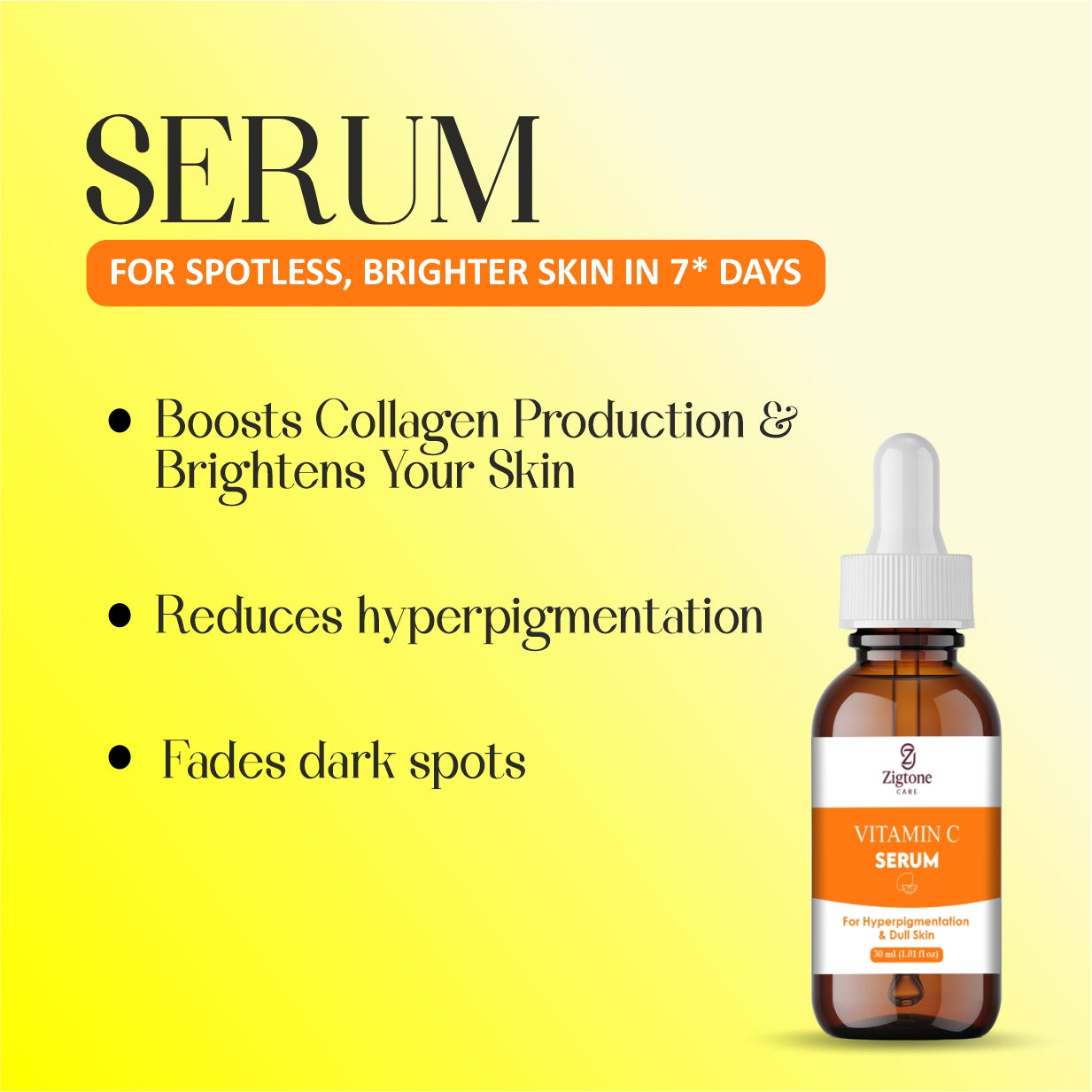 Zigtone Care Vitamin C Serum for Hyperpigmentation and Dull Skin, Brightening Face Treatment, 30ml (1.01 fl oz), Amber Glass Bottle with Dropper